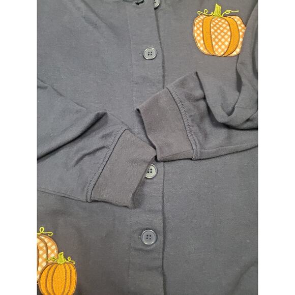 Women's Small Navy Blue Fall Pumpkin Embroidered Button Up Sweatshirt Cardigan - Picture 6 of 6